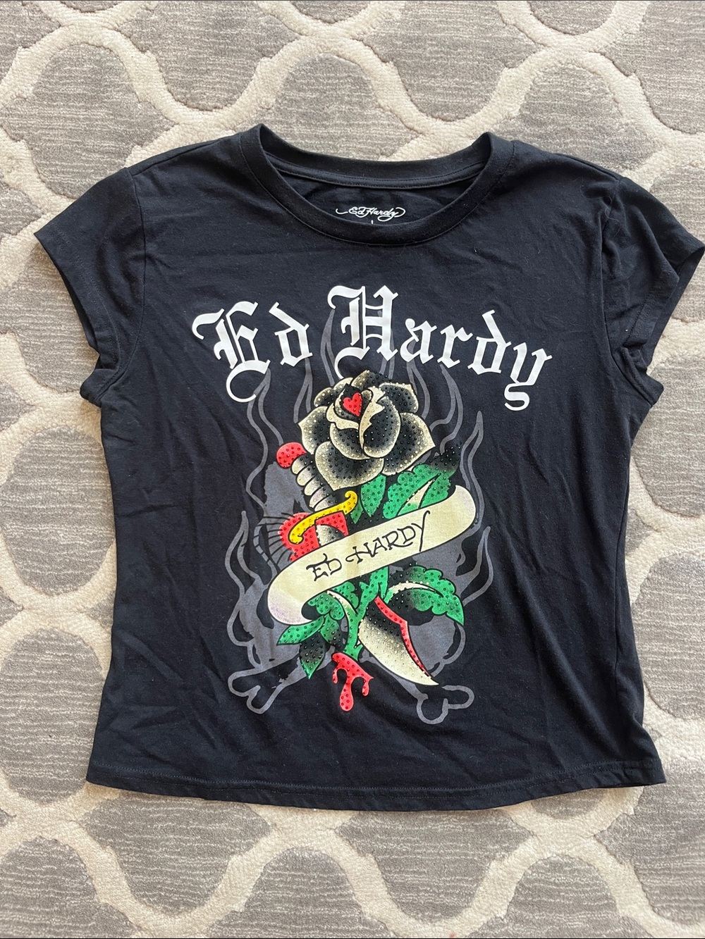 Ed Hardy Black Tee with Green Leaves Red Accents and Gray Rose